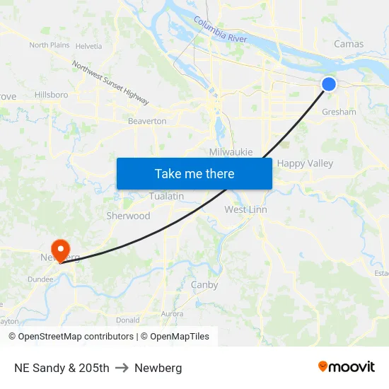 NE Sandy & 205th to Newberg map