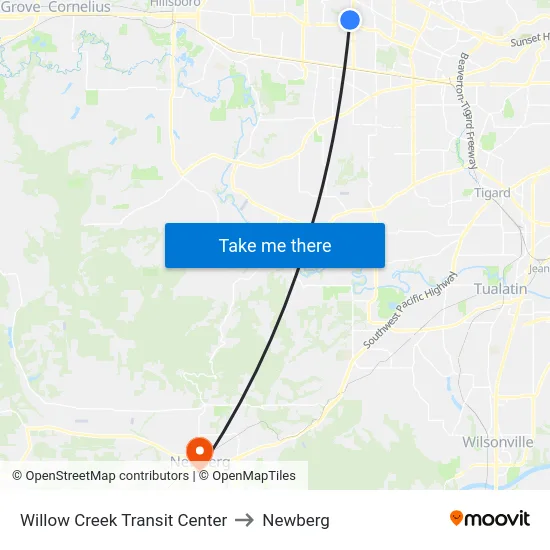 Willow Creek Transit Center to Newberg map