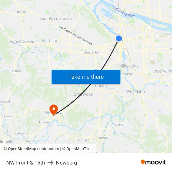 NW Front & 15th to Newberg map