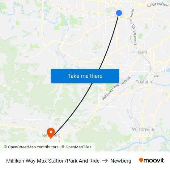 Millikan Way Max Station/Park And Ride to Newberg map
