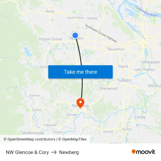 NW Glencoe & Cory to Newberg map