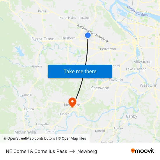 NE Cornell & Cornelius Pass to Newberg map