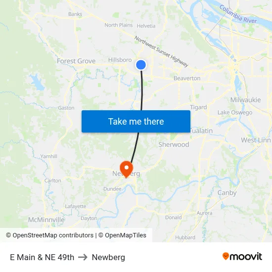 E Main & NE 49th to Newberg map