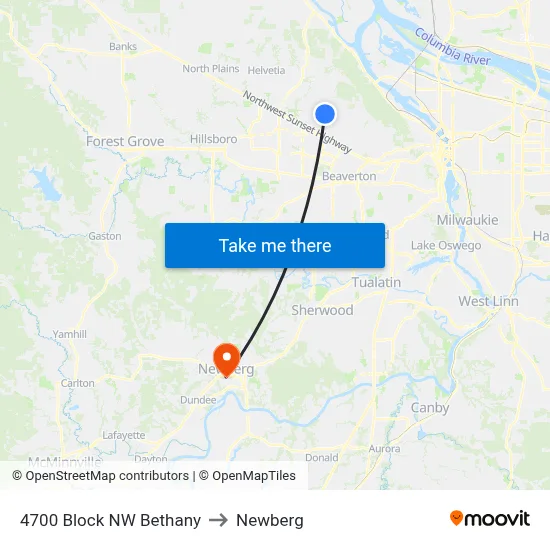 4700 Block NW Bethany to Newberg map