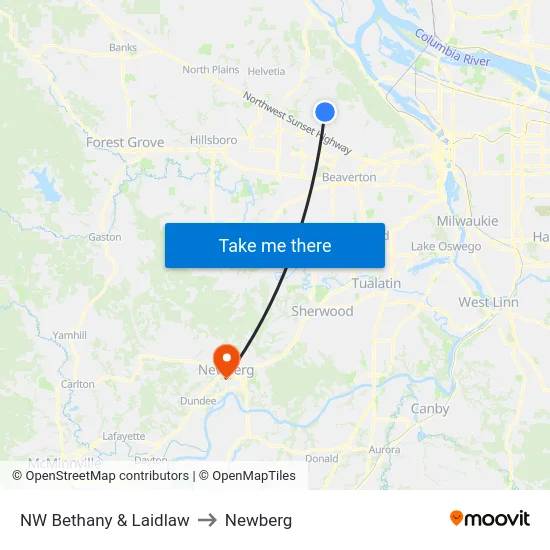 NW Bethany & Laidlaw to Newberg map