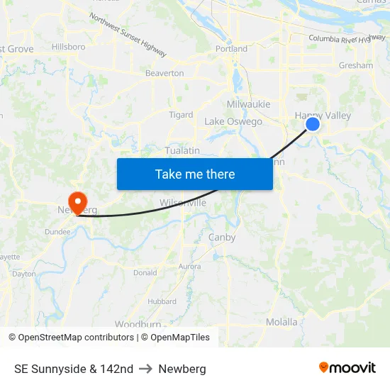 SE Sunnyside & 142nd to Newberg map