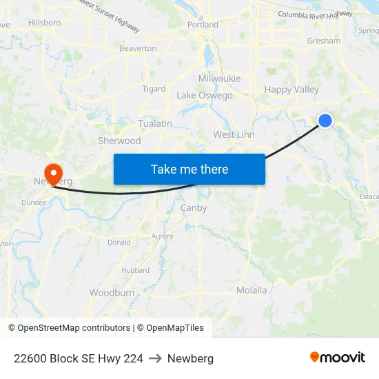 22600 Block SE Hwy 224 to Newberg map