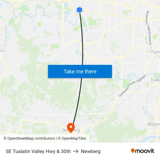 SE Tualatin Valley Hwy & 30th to Newberg map