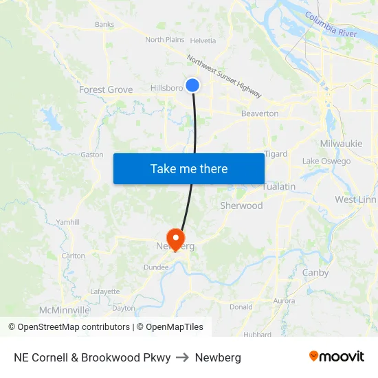 NE Cornell & Brookwood Pkwy to Newberg map