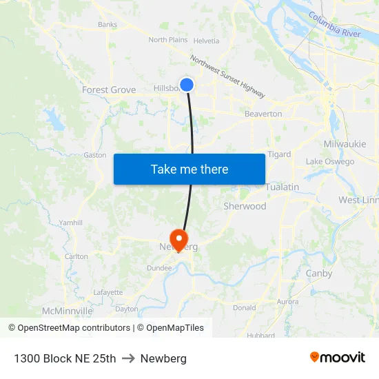 1300 Block NE 25th to Newberg map