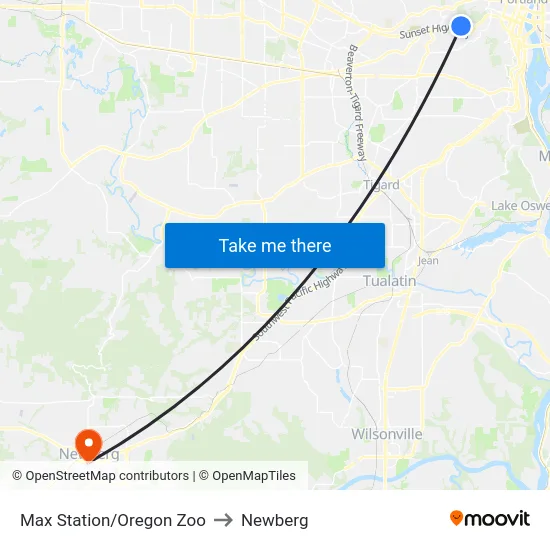 Max Station/Oregon Zoo to Newberg map