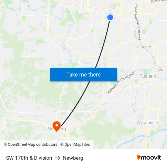 SW 170th & Division to Newberg map