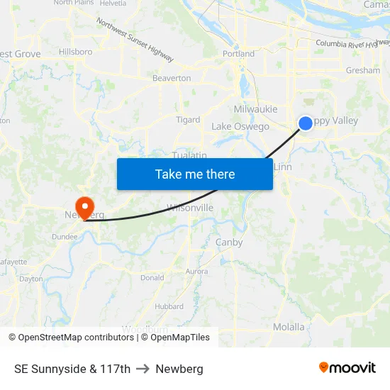 SE Sunnyside & 117th to Newberg map