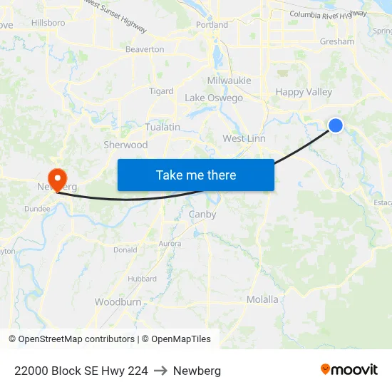 22000 Block SE Hwy 224 to Newberg map