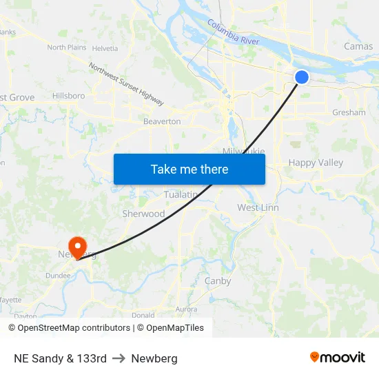 NE Sandy & 133rd to Newberg map