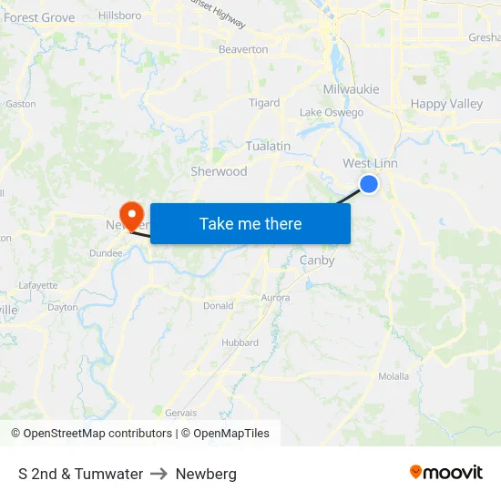 S 2nd & Tumwater to Newberg map
