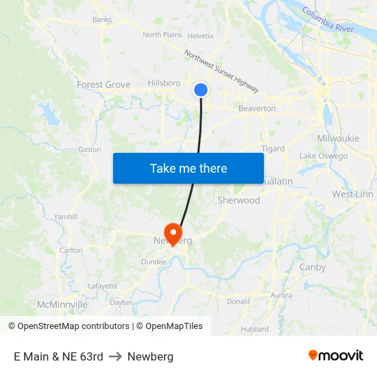 E Main & NE 63rd to Newberg map