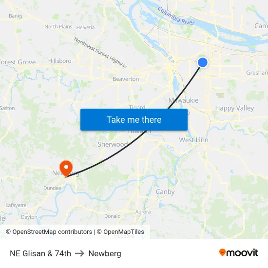 NE Glisan & 74th to Newberg map