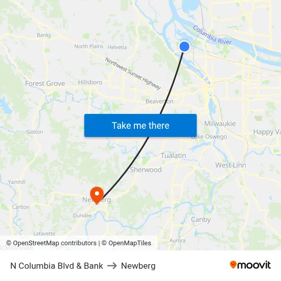 N Columbia Blvd & Bank to Newberg map