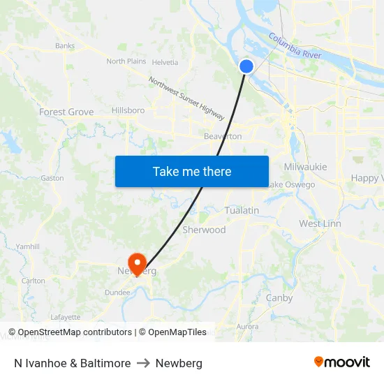 N Ivanhoe & Baltimore to Newberg map