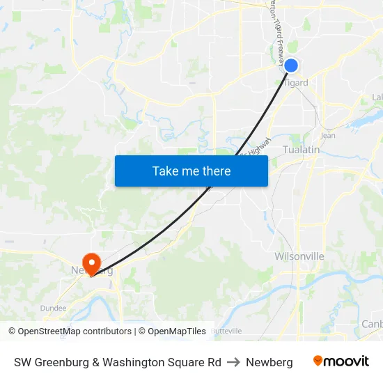 SW Greenburg & Washington Square Rd to Newberg map