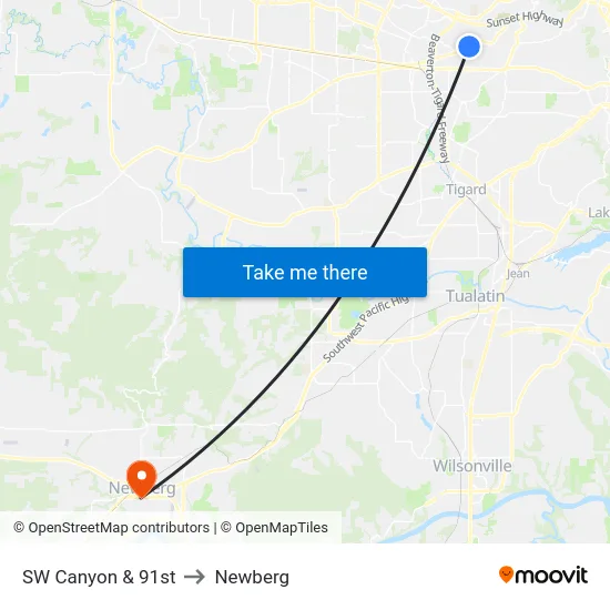 SW Canyon & 91st to Newberg map