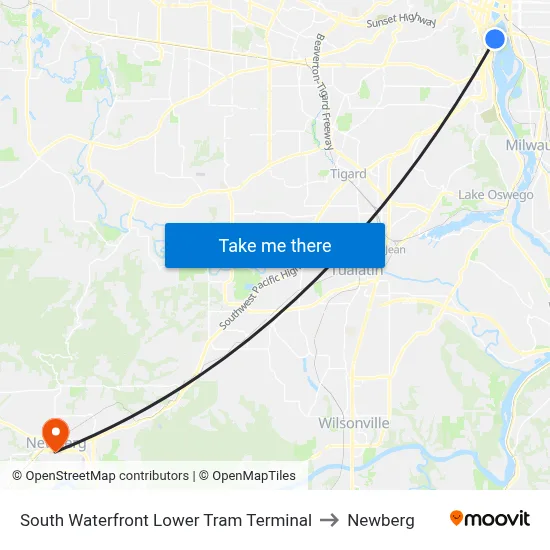 South Waterfront Lower Tram Terminal to Newberg map