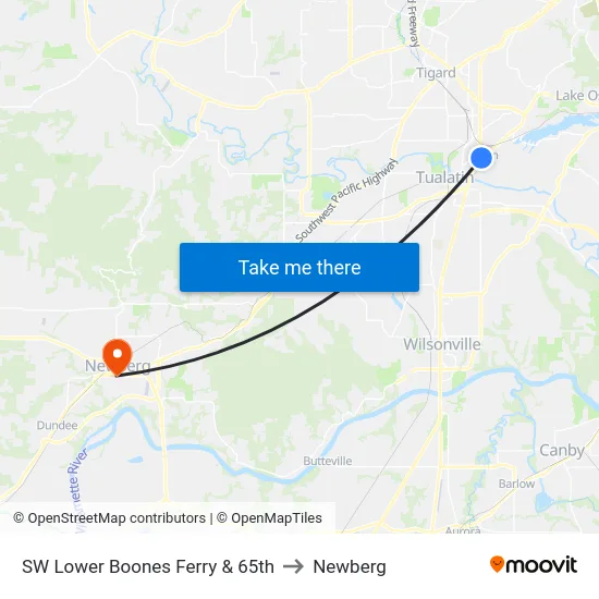 SW Lower Boones Ferry & 65th to Newberg map