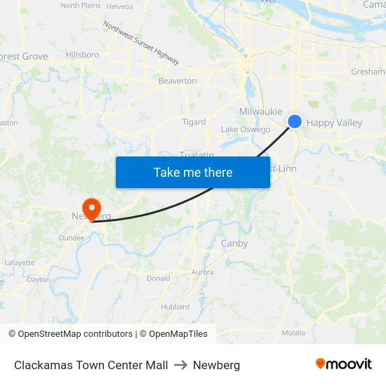 Clackamas Town Center Mall to Newberg map