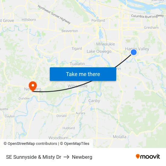 SE Sunnyside & Misty Dr to Newberg map