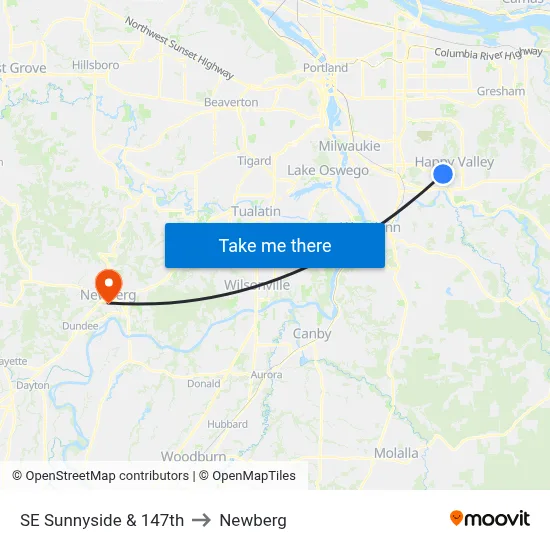 SE Sunnyside & 147th to Newberg map
