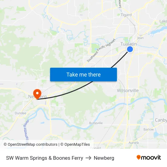 SW Warm Springs & Boones Ferry to Newberg map