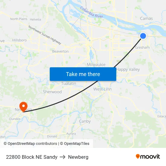 22800 Block NE Sandy to Newberg map