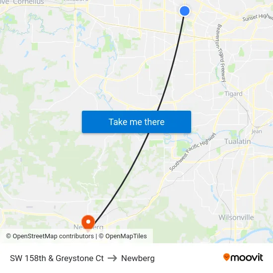 SW 158th & Greystone Ct to Newberg map