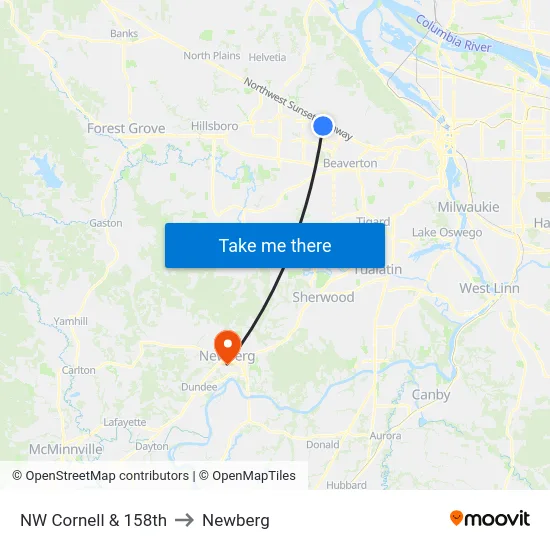 NW Cornell & 158th to Newberg map