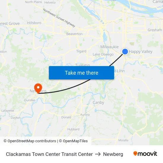 Clackamas Town Center Transit Center to Newberg map