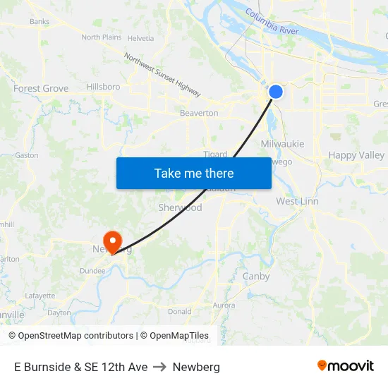 E Burnside & SE 12th Ave to Newberg map