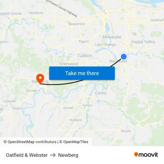 Oatfield & Webster to Newberg map