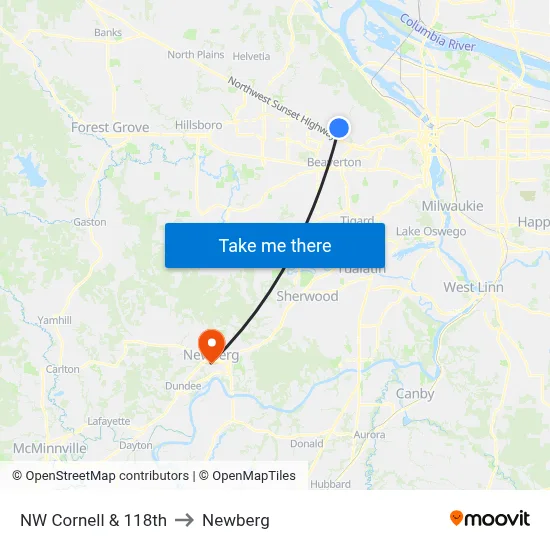 NW Cornell & 118th to Newberg map