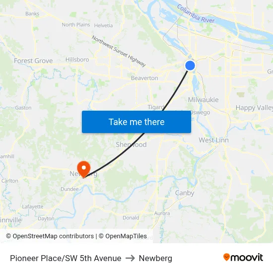 Pioneer Place/SW 5th Avenue to Newberg map