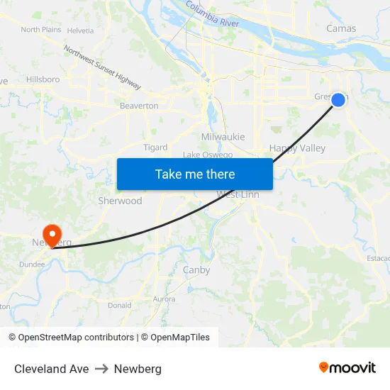 Cleveland Ave to Newberg map