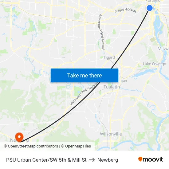 PSU Urban Center/SW 5th & Mill St to Newberg map