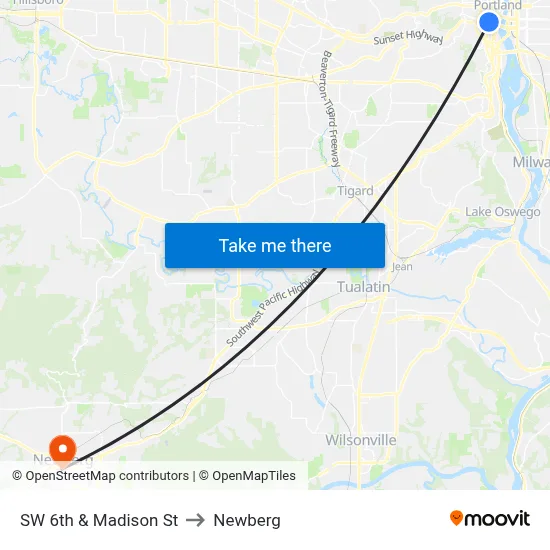 SW 6th & Madison St to Newberg map