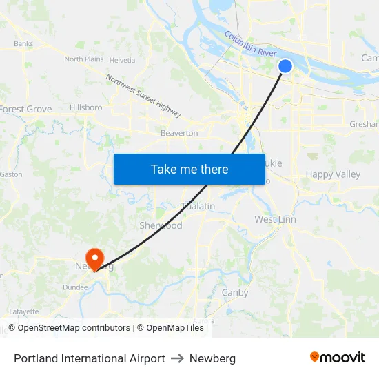 Portland International Airport to Newberg map