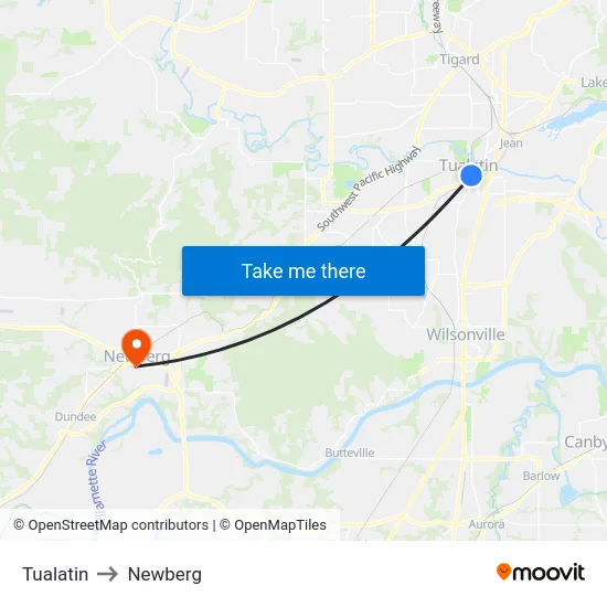 Tualatin to Newberg map
