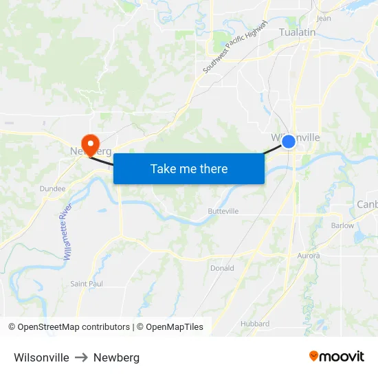 Wilsonville to Newberg map
