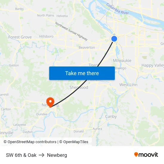 SW 6th & Oak to Newberg map