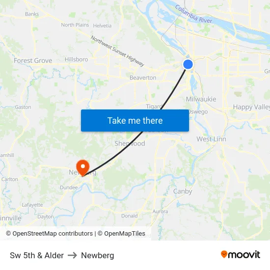 Sw 5th & Alder to Newberg map