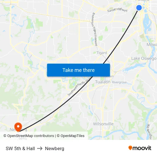 SW 5th & Hall to Newberg map