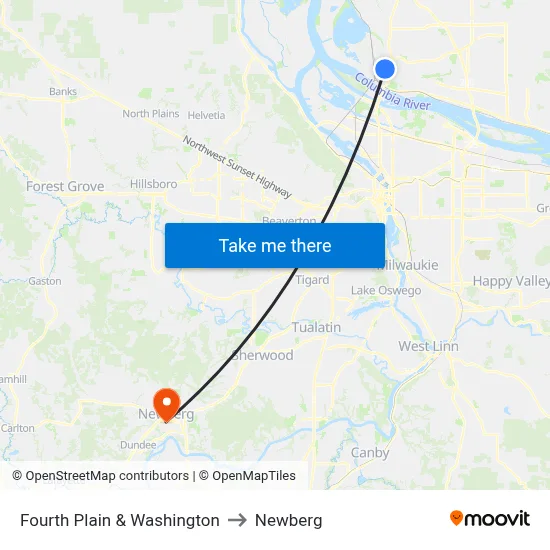 Fourth Plain & Washington to Newberg map